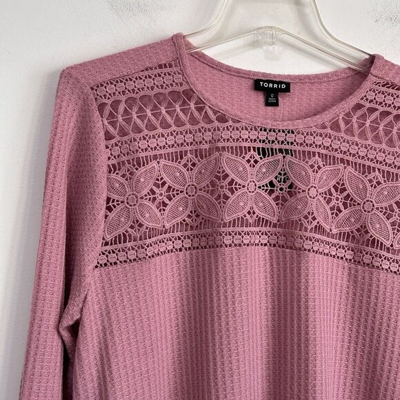 TORRID Popover Top 0 Large Crochet Yoke Mauve Pink Long Sleeve Tee Waffle NEW - Picture 4 of 11